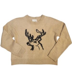 Anthropologie Oh Deer Preppy Tan Crewneck Sweater with Stag Design Sz Medium